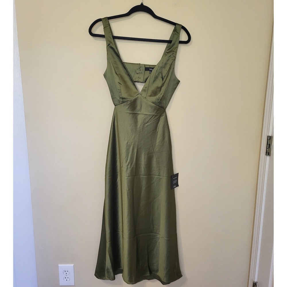 Lulus Olive Green Satin Cutout V-Neck Midi Dress NWT Size Small - Picture 3 of 7